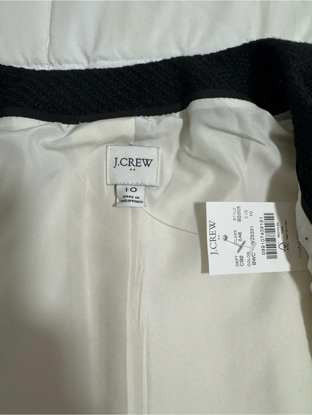J. Crew White Textured Jacket with Black Trim and Gold Buttons